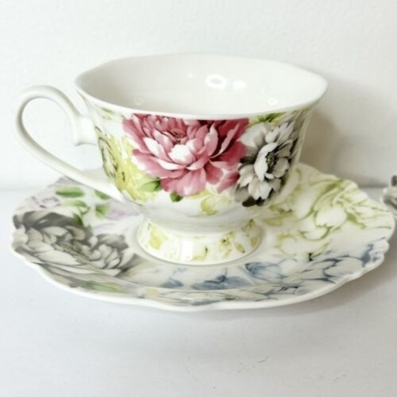 Pulchritudie Eileen's Peony set of 2 teacups & saucers Pink Blue Green 3 in - Picture 3 of 15